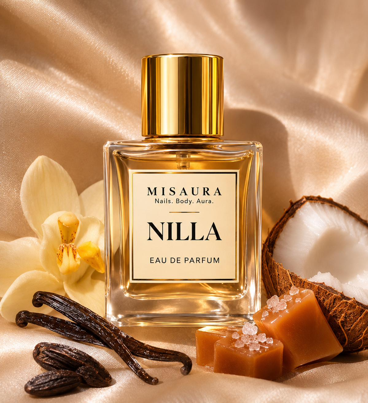 MISAURA Nilla Eau de Parfum with gold cap, vanilla, caramel, coconut and tonka bean